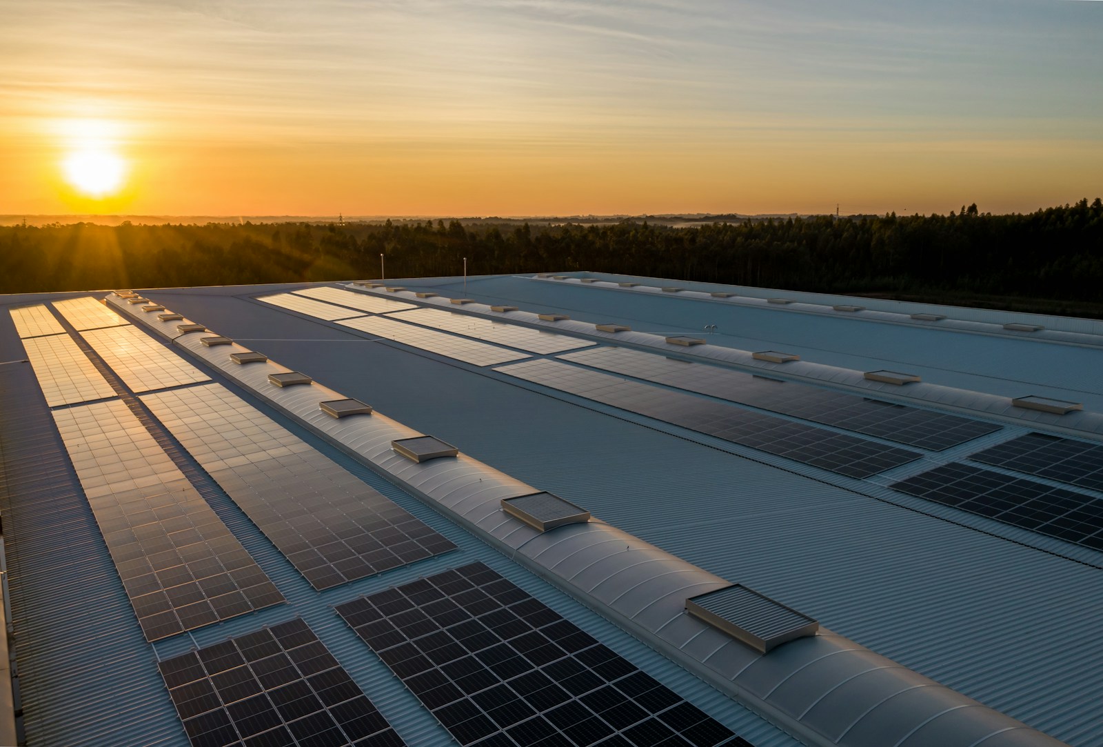 Paneles solares sobre un tejado al atardecer